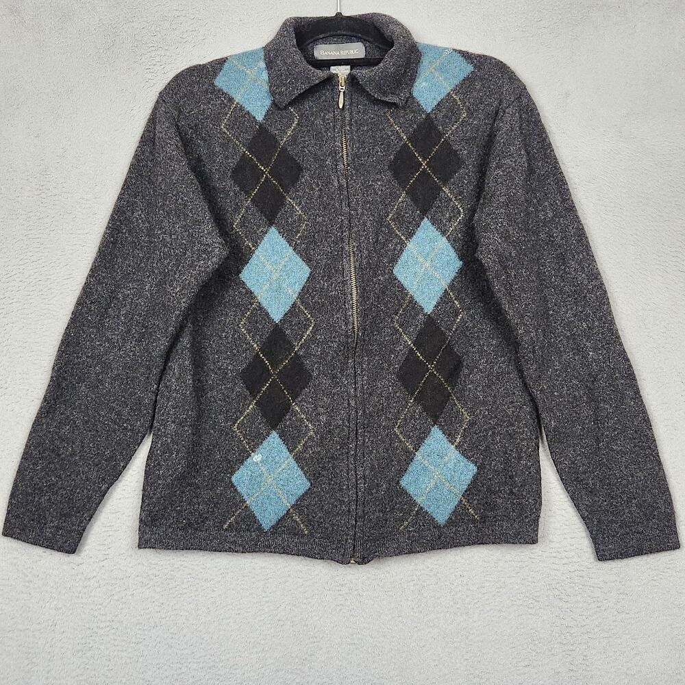 Banana Republic Sweater Mens Small Gray 100% Wool Argyle Full Zip Collared